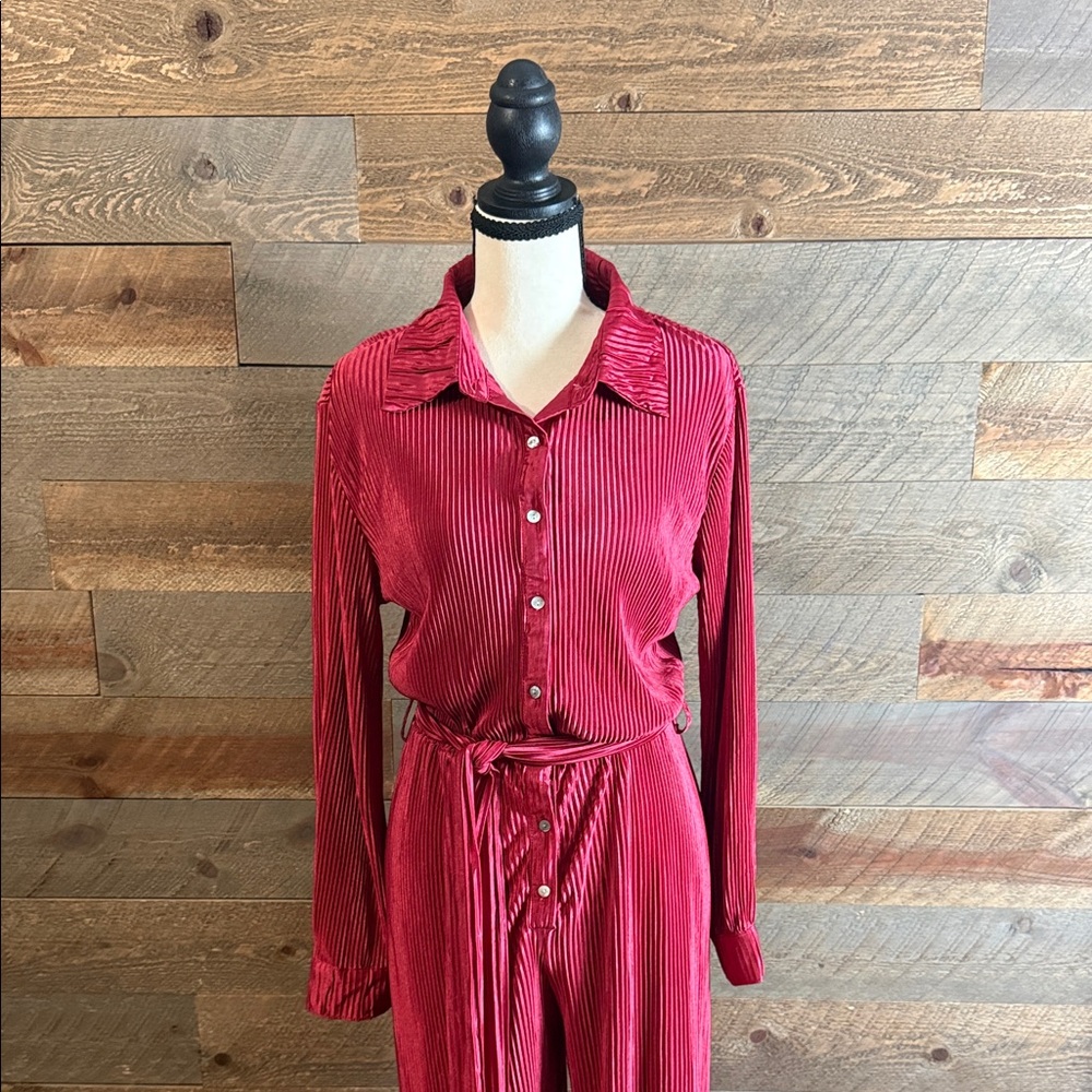 NWT Hers & Mine Red Crinkled Plisse Button-Up Jumpsuit